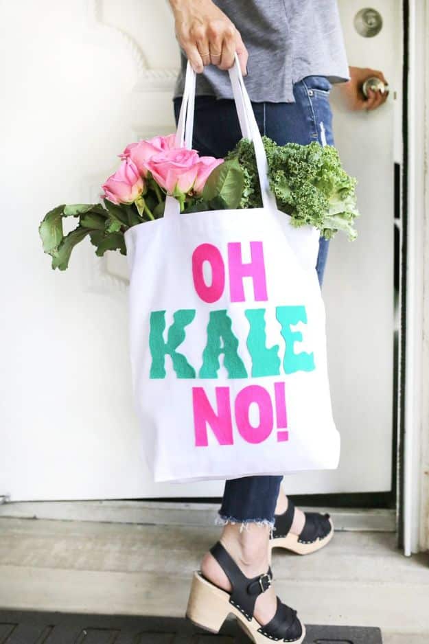 DIY Shopping Bags - Oh Kale No Shopping Bag - Drawstring Bag Tutorials - How To Make A Shopping Bag - Use Fabric Scraps, Old Denim Jeans, Upcycled Items - Cute Monogrammed Ideas, Painted Bags and Sewing Tutorials for Beginners s