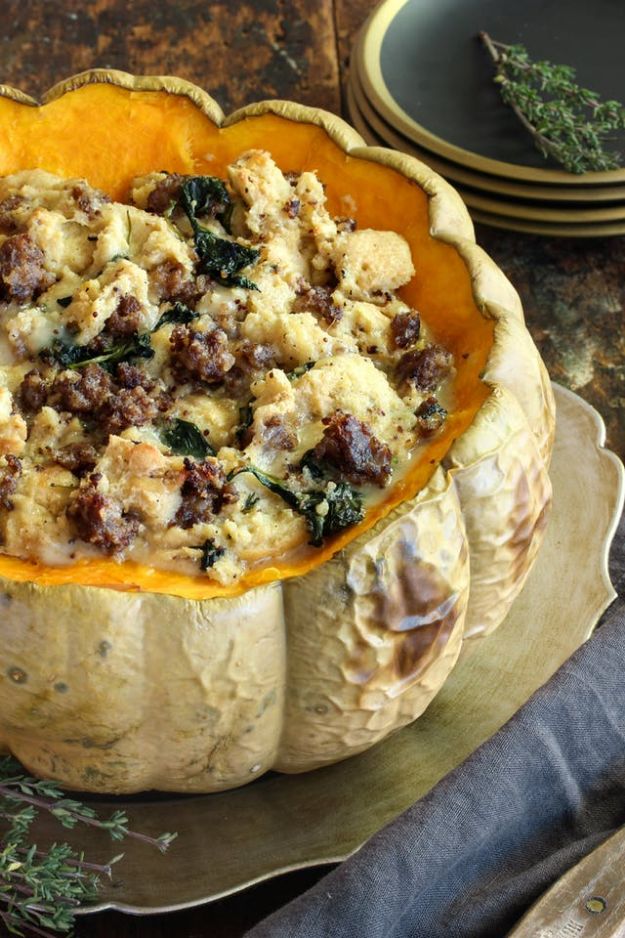 Pumpkin Recipes - Savory Stuffed Pumpkin With Sausage and Gruyere - Easy Dessert Ideas, Dinner Meals With Pumpkin- Paleo, Gluten Free, Fresh and Healthy Pumpkin Recipes for Kids - Best Pumpkin Pie for Thanksgiving Desserts Healthy Pumpkin Ideas and Easy Bread, Pie, Dessert and Muffins - Recipe for Pumpkin Spice Apple Dishes, Paleo and Gluten Free Versions of Holiday Favorites - Breakfast, Lunch, Snack, Dinner and Dessert Recipes With Pumpkin Savory and Hearty Fall Meals 