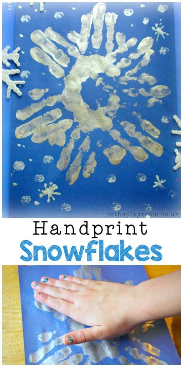 Winter Crafts for Toddlers and Kids -Snowflake Handprints - Easy Art Projects and Craft Ideas for 2 Year Olds, Preschool Age Children - Simple Indoor Activities, Things To Make At Home in Wintertime - Snow, Snowflake and Icicle, Snowmen - Classroom Art Projects #kidscrafts #craftsforkids #winters