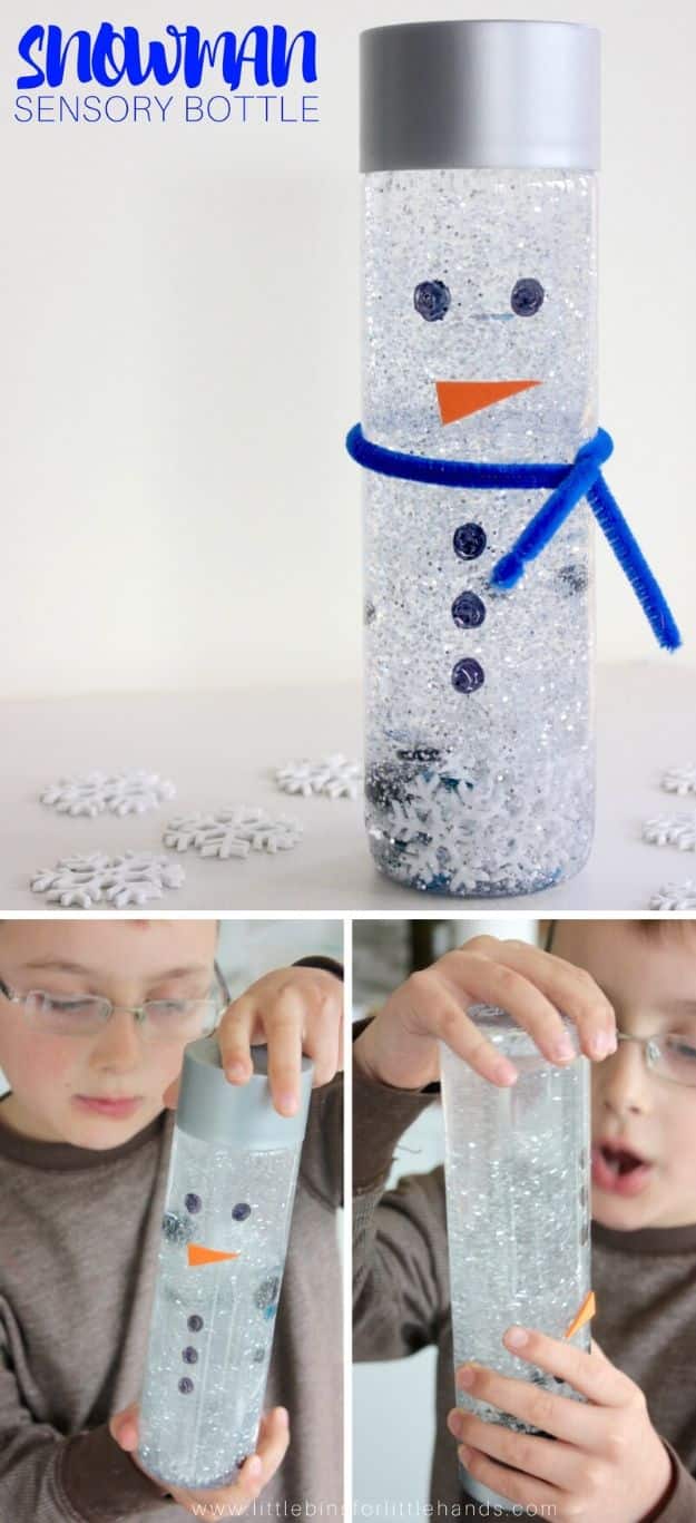 Winter Crafts for Toddlers and Kids - Snowman Sensory Bottle - Easy Art Projects and Craft Ideas for 2 Year Olds, Preschool Age Children - Simple Indoor Activities, Things To Make At Home in Wintertime - Snow, Snowflake and Icicle, Snowmen - Classroom Art Projects #kidscrafts #craftsforkids #winters