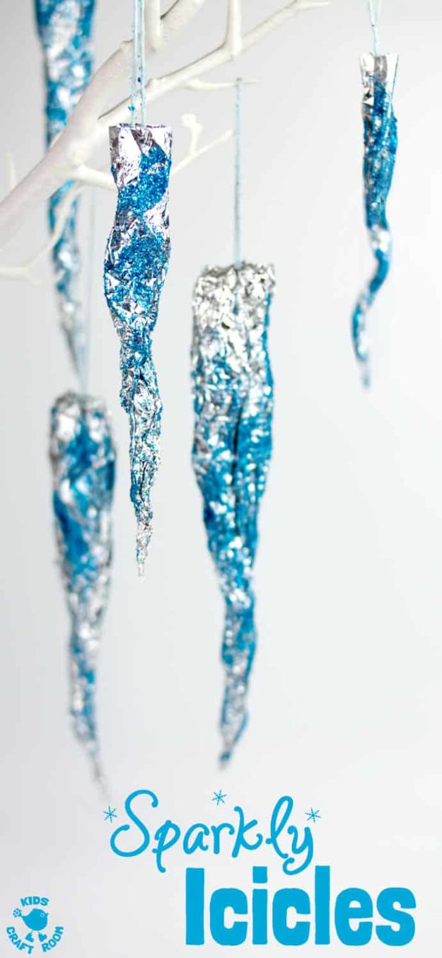 Inexpensive Pinterest Winter Crafts for Kids - Easy Craft Ideas for Children to Make At Home | Quick Sparkly Icicles Project