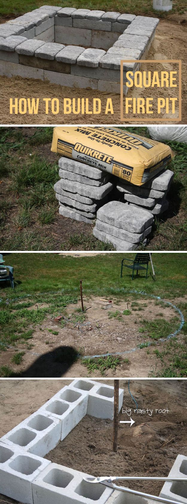 DIY Firepits - Square Concrete and Stone Firepit - Step by Step Tutorial for Raised Firepit , In Ground, Portable, Brick, Stone, Metal and Cinder Block Outdoor Fireplace #outdoors #diy