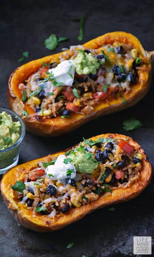 Butternut Squash Recipes - Stuffed Butternut Squash - Healthy and Hearty Butter Nut Recipe Ideas for Soup, Roasted, Baked, Instant Pot, Crockpot, Mashed- Pasta, Salad, Dessert and Easy Side Dishes - Paleo,and Gluten Free Versions, Thanksgiving Favorites #recipes #veggies #healthy