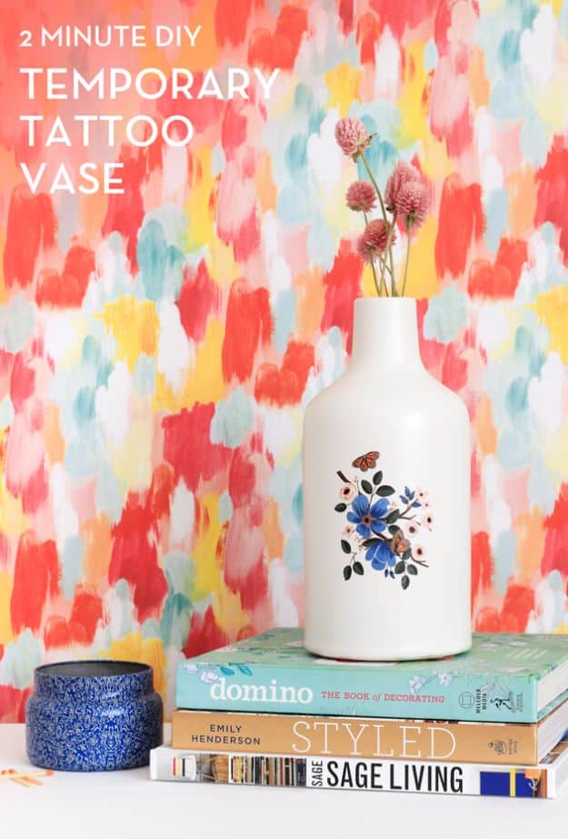 Cheap DIY Living Room Decor Ideas - Temporary Tattoo Vase - Cool Modern, Rustic Creative Farmhouse Home Decor On A Budget - Do It Yourself Coffee Tables, Wall Art, Rugs, Pillows and Chairs. Step by Step Tutorials and Instructions #diydecor #livingroom #decorideas