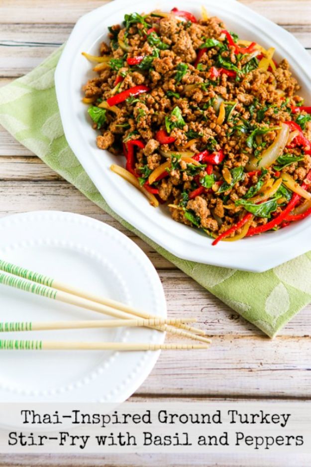 Ground Turkey Recipes - Thai-Inspired Ground Turkey Stir-Fry with Basil and Peppers - Healthy and Easy Turkey Recipe Ideas for Dinner, Lunch, Snack - Quick Crockpot and Instant Pot, Casserole, Meatballs, Pasta and Burgers - Keto Friendly and Low Carb, Paleo, Gluten Free #turkeyrecipes