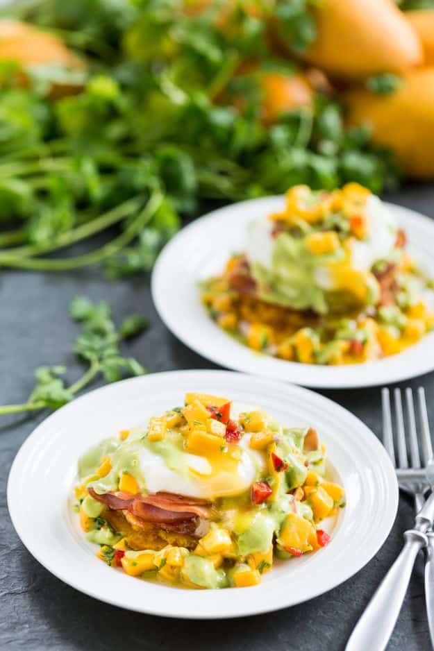 Eggs Benedict Recipes - Tostones Eggs Benedict with Mango Salsa and Avocado Hollandaise - Best Benedicts and Recipe Ideas for Breakfast, Brunch and Lunch - Easy and Quick Eggs Benedict, Classic, Salmon, Vegetarian and Healthy Variations - How to Make Hollandaise Sauce - Pioneer Woman Favorites - Eggs Benedict Casserole for A Crowd  