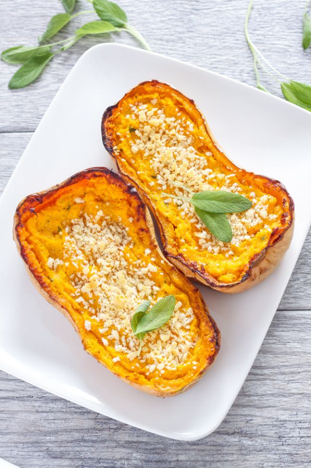 Butternut Squash Recipes - Twice Baked Butternut Squash - Healthy and Hearty Butter Nut Recipe Ideas for Soup, Roasted, Baked, Instant Pot, Crockpot, Mashed- Pasta, Salad, Dessert and Easy Side Dishes - Paleo,and Gluten Free Versions, Thanksgiving Favorites #recipes #veggies #healthy