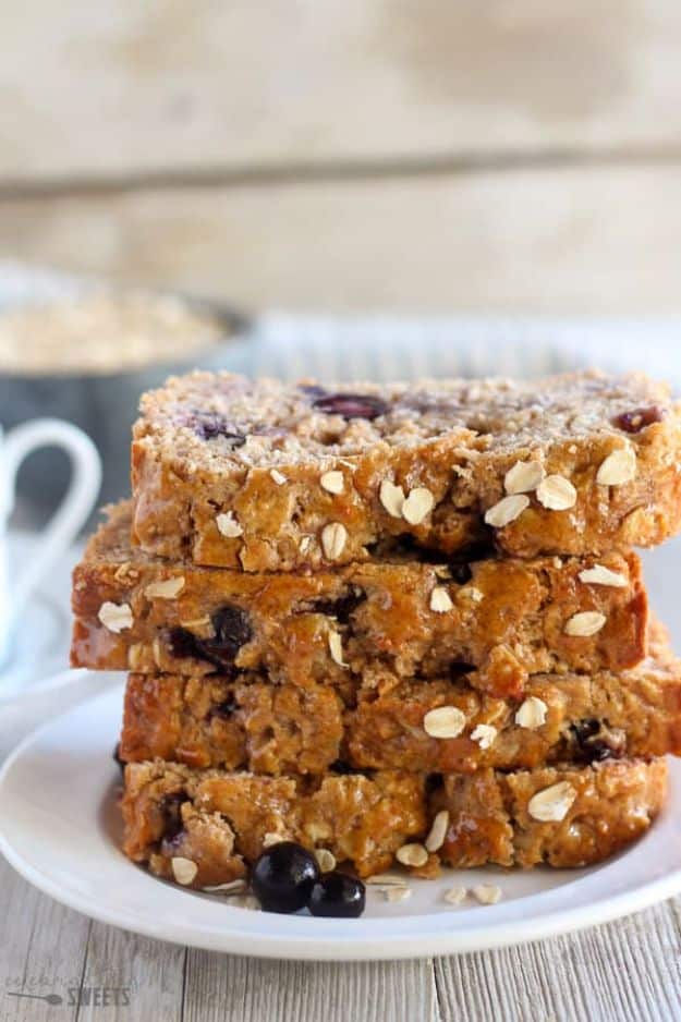 Breakfast Breads - Blueberry Oatmeal Bread - Homemade Breakfast Bread Recipes - Healthy Fruit, Nut, Banana and Vegetable Recipe Ideas - Best Brunch Dishes 