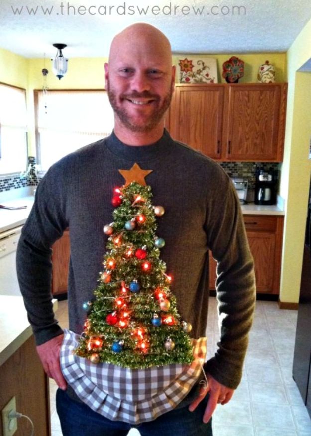 DIY Ugly Christmas Sweaters - Christmas Tree Ugly Sweater - No Sew and Easy Sewing Projects - Ideas for Him and Her to Wear to Holiday Contest or Office Party Outfit - Funny Couples Sweater, Mens Womens and Kids #christmas