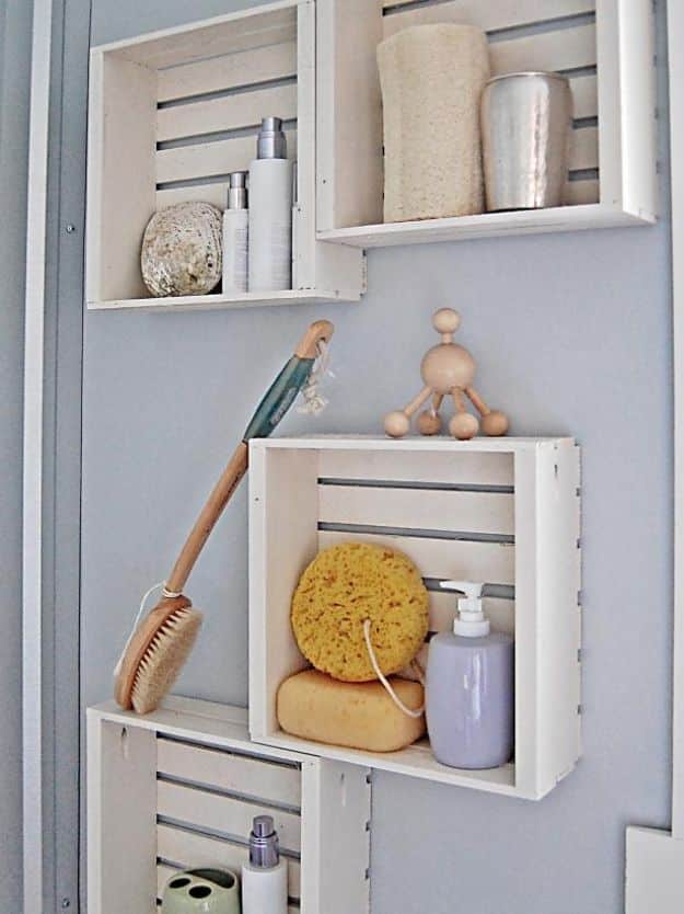 Cheap Bathroom Decor Ideas - Crate Shelving - DIY Decor and Home Decorating Ideas for Bathrooms - Easy Wall Art, Rugs and Bath Mats, Shower Curtains, Tissue and Toilet Paper Holders #diy #bathroom #homedecor