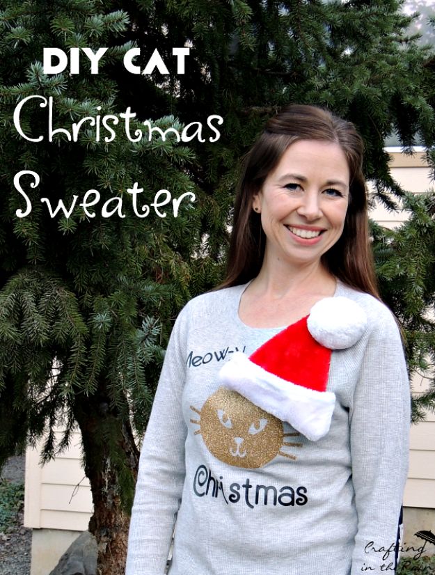 DIY Ugly Christmas Sweaters - DIY Cat Christmas Sweater - No Sew and Easy Sewing Projects - Ideas for Him and Her to Wear to Holiday Contest or Office Party Outfit - Funny Couples Sweater, Mens Womens and Kids #christmas