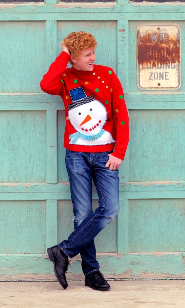 DIY Ugly Christmas Sweaters - DIY Frosty Ugly Christmas Sweater - No Sew and Easy Sewing Projects - Ideas for Him and Her to Wear to Holiday Contest or Office Party Outfit - Funny Couples Sweater, Mens Womens and Kids #christmas