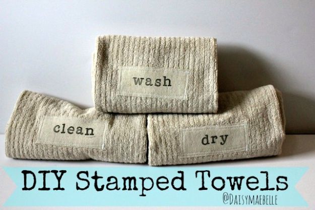 Cheap Bathroom Decor Ideas - DIY Stamped Hand Towels - DIY Decor and Home Decorating Ideas for Bathrooms - Easy Wall Art, Rugs and Bath Mats, Shower Curtains, Tissue and Toilet Paper Holders #diy #bathroom #homedecor