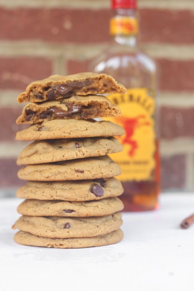 Fireball Whiskey Recipes - Fireball Whiskey Brown Butter Chocolate Chip Cookies - Fire ball Whisky Recipe Ideas - Pie, Desserts, Drinks, Homemade Food and Cocktails - Easy Treats and Christmas Dishes #fireball #recipes #food 