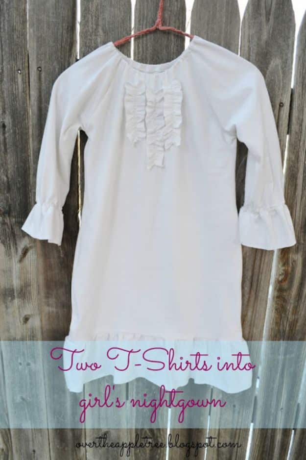 DIY Nightgowns and Sleepwear - Girl's Nightgown Made From Men's T-Shirts - Easy Sewing Projects for Cute Nightshirts, Tshirts, Gowns and Pajamas - Free Patterns and Step by Step Tutorials #womensclothing #sleepwear #diyclothes #sewing 