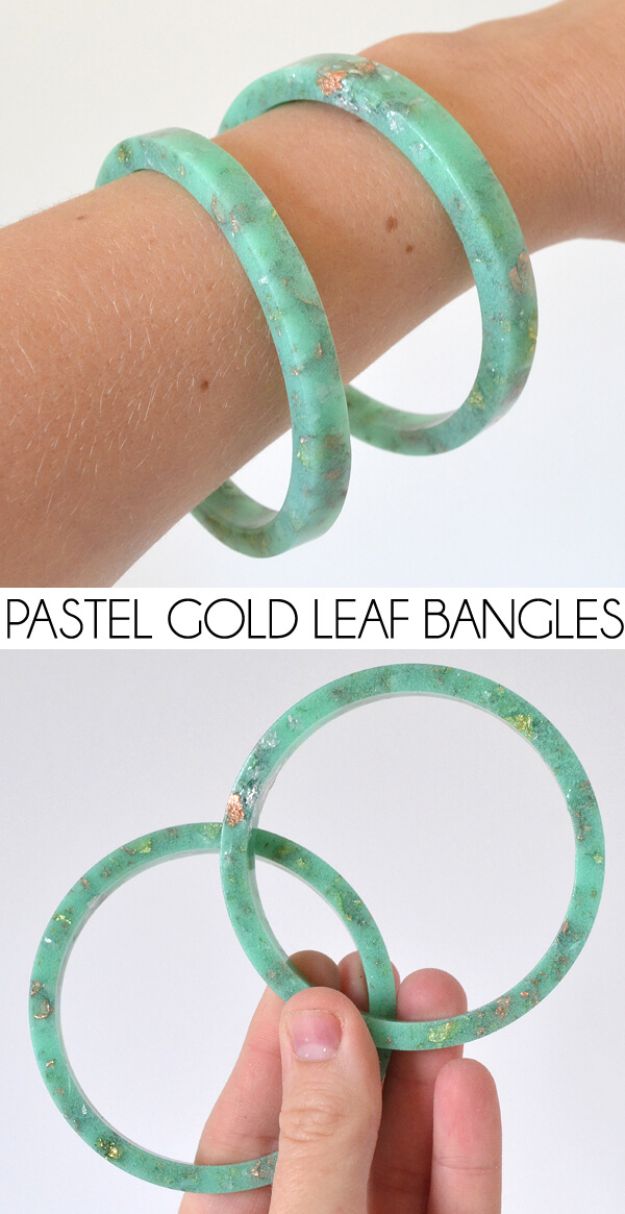 DIY Resin Casting Crafts - Handmade Resin Pastel and Gold Leaf Bangles - Homemade Resin and Epoxy Craft Projects and Ideas - How to Make Resin Jewelry - Use Silicon Molds to Make Paper Weights, Creative Christmas Ornaments and Crafts to Make and Sell - Flowers, Pictures, Clocks, Tabletop, Inspiration for Handmade Jewelry and Items to Sell on Etsy #crafts