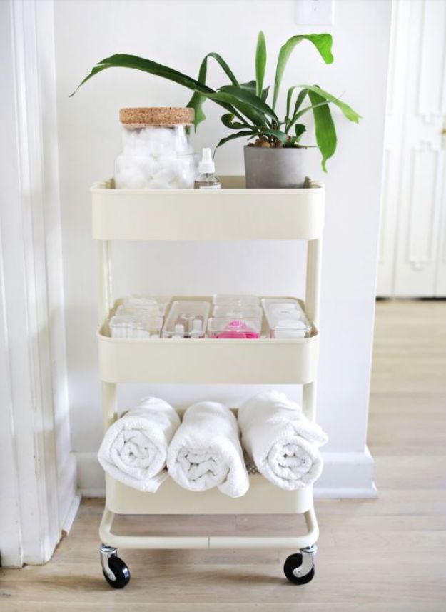 Cheap Bathroom Decor Ideas - Ikea Cart Bathroom Organizer - DIY Decor and Home Decorating Ideas for Bathrooms - Easy Wall Art, Rugs and Bath Mats, Shower Curtains, Tissue and Toilet Paper Holders #diy #bathroom #homedecor