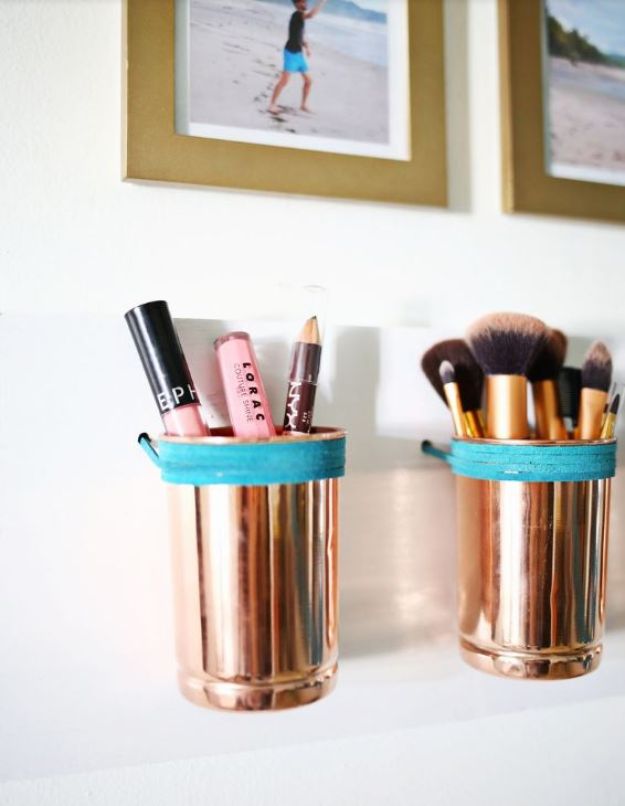 Cheap Bathroom Decor Ideas - Leather + Copper Cup Organizer DIY - DIY Decor and Home Decorating Ideas for Bathrooms - Easy Wall Art, Rugs and Bath Mats, Shower Curtains, Tissue and Toilet Paper Holders #diy #bathroom #homedecor