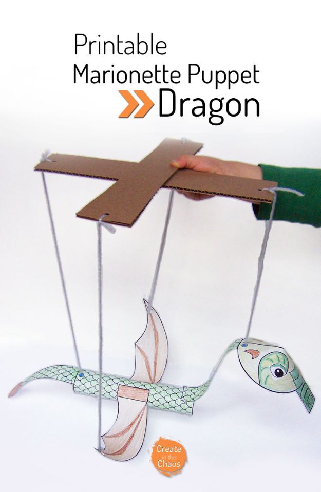 Easy Crafts for Kids - Printable Dragon Marionette - Quick DIY Ideas for Children - Boys and Girls Love These Cool Craft Projects - Indoor and Outdoor Fun at Home - Cheap Playtime Activities #kidscrafts