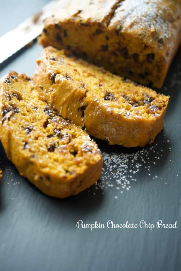 Breakfast Breads - Pumpkin Chocolate Chip Bread - Homemade Breakfast Bread Recipes - Healthy Fruit, Nut, Banana and Vegetable Recipe Ideas - Best Brunch Dishes 