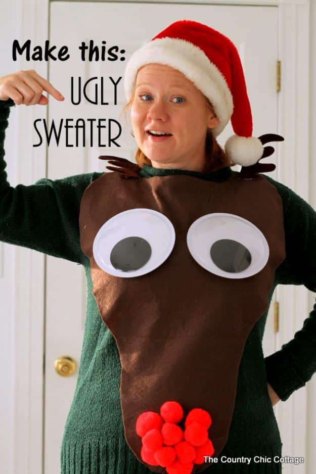 DIY Ugly Christmas Sweaters - Rudolph Ugly Christmas Sweater - No Sew and Easy Sewing Projects - Ideas for Him and Her to Wear to Holiday Contest or Office Party Outfit - Funny Couples Sweater, Mens Womens and Kids #christmas