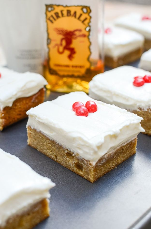 Fireball Whiskey Recipes - RumChata Blondies with Fireball Cream Cheese Frosting - Fire ball Whisky Recipe Ideas - Pie, Desserts, Drinks, Homemade Food and Cocktails - Easy Treats and Christmas Dishes #fireball #recipes #food 