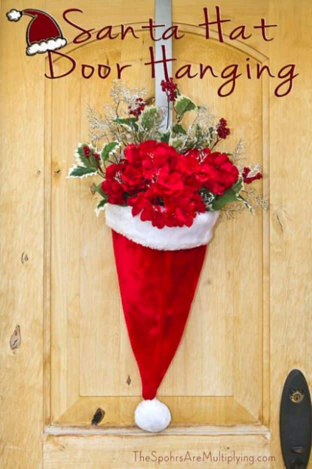 DIY Christmas Decorations - Santa Hat Door Hanging - Easy Handmade Christmas Decor Ideas - Cheap Xmas Projects to Make for Holiday Decorating - Home, Porch, Mantle, Tree, Lights #diy #christmas #diydecor #holiday