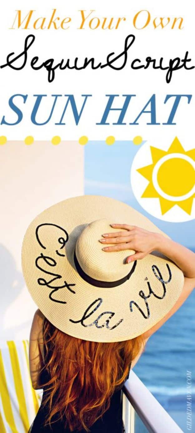 DIY Hats - Sequin Script Sun Hat - Creative Do It Yourself Hat Tutorials for Making a Hat - Step by Step Tutorial for Cute and Easy Baseball Hat, Cowboy Hat, Flowers or Floral Tea Party Ideas, Kids and Adults, Knit Cap for Babies #hats #diyclothes