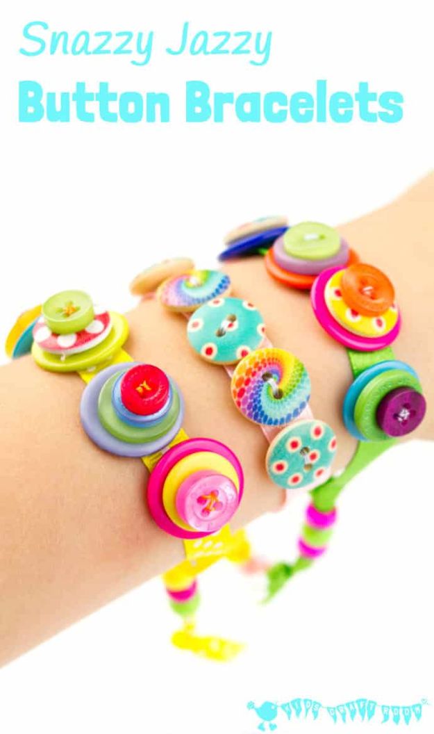 Easy Crafts for Kids - Snazzy Jazzy Button Bracelets - Quick DIY Ideas for Children - Boys and Girls Love These Cool Craft Projects - Indoor and Outdoor Fun at Home - Cheap Playtime Activities #kidscrafts