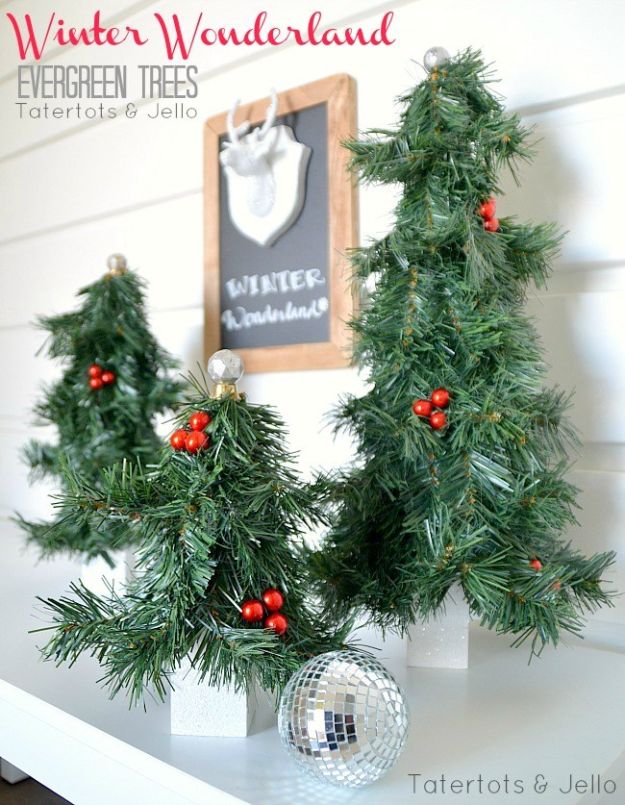 DIY Christmas Decorations - Winter Wonderland Evergreen Trees DIY - Easy Handmade Christmas Decor Ideas - Cheap Xmas Projects to Make for Holiday Decorating - Home, Porch, Mantle, Tree, Lights #diy #christmas #diydecor #holiday