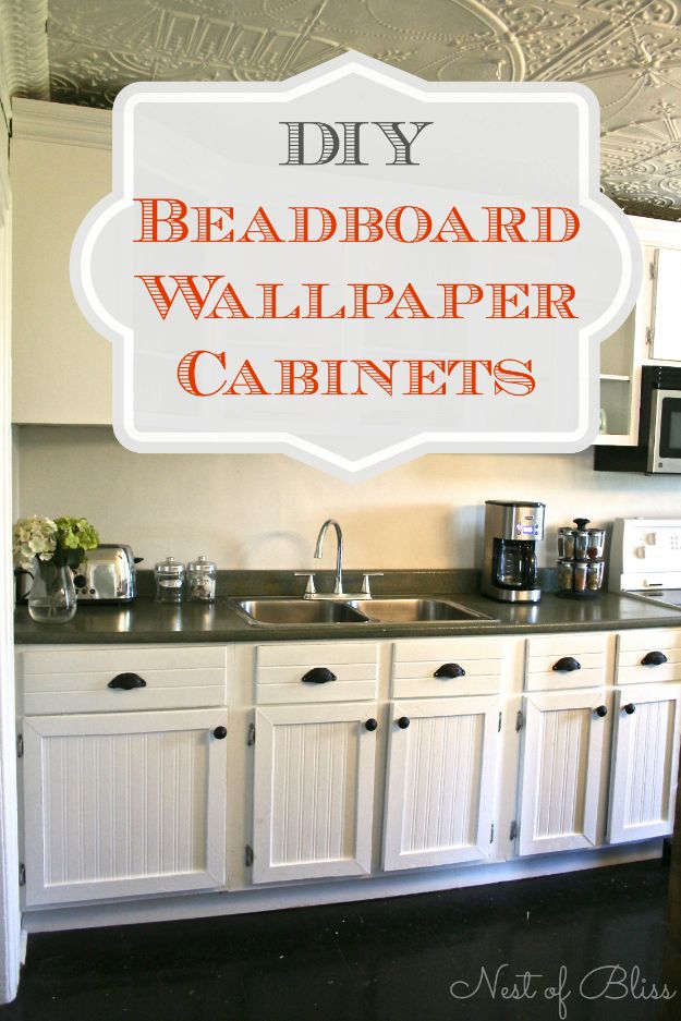 DIY Kitchen Cabinets - Beadboard Wallpaper Cabinet Refresh - Makeover Ideas for Kitchen Cabinet - Build and Design Kitchen Cabinet Projects on A Budget - Cheap Reface Idea and Tutorial