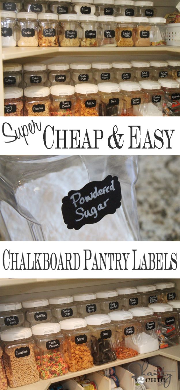 DIY Pantry Organizing Ideas - Chalkboard Pantry Labels - Easy Organization for the Kitchen Pantry - Cheap Shelving and Storage Jars, Labels, Containers, Baskets to Organize Cans and Food, Spices