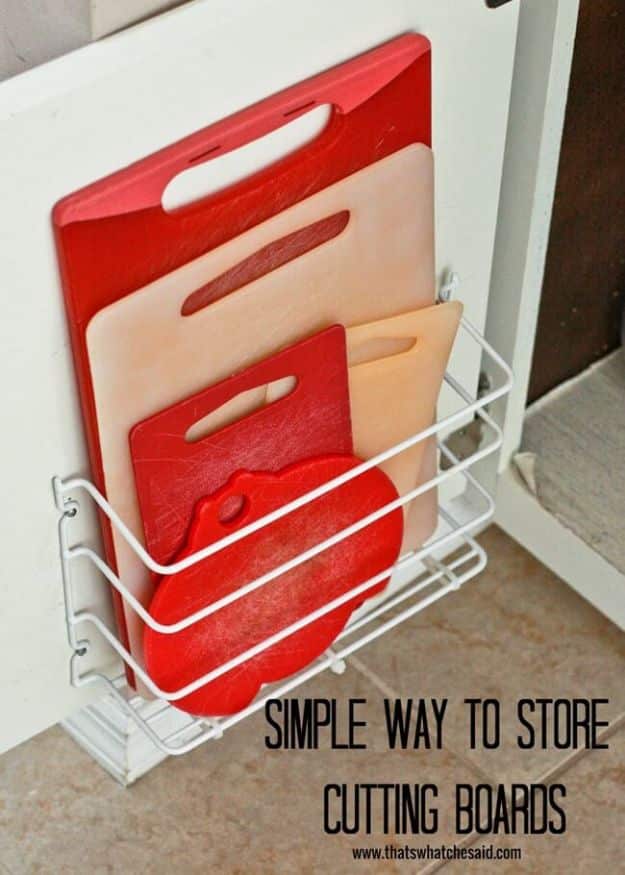 DIY Pantry Organizing Ideas - Cutting Board Storage - Easy Organization for the Kitchen Pantry - Cheap Shelving and Storage Jars, Labels, Containers, Baskets to Organize Cans and Food, Spices