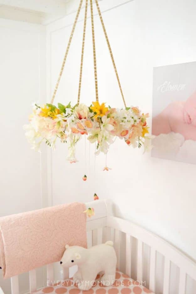 DIY Nursery Decor Ideas for Girls - DIY Floral Baby Mobile Chandelier - Cute Pink Room Decorations for Baby Girl - Crib Bedding, Changing Table, Organization Idea, Furniture and Easy Wall Art