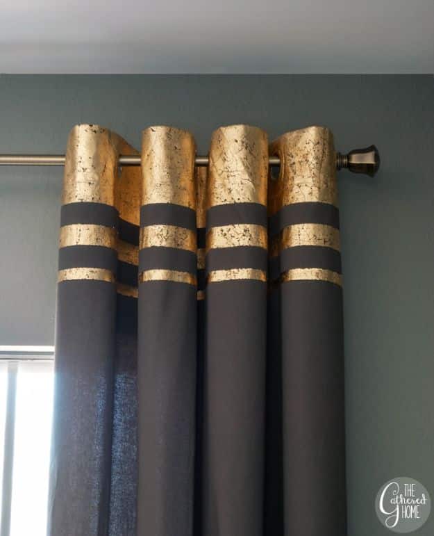 DIY Bedroom Decor Ideas - DIY Gold Leaf Embellished Curtains - Easy Room Decor Projects for The Home - Cheap Farmhouse Crafts, Wall Art Idea, Bed and Bedding, Furniture