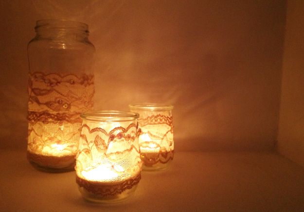 DIY Bedroom Decor Ideas - DIY Lace Candles - Easy Room Decor Projects for The Home - Cheap Farmhouse Crafts, Wall Art Idea, Bed and Bedding, Furniture