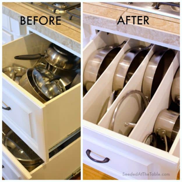 DIY Pantry Organizing Ideas - DIY Organized Pots and Pans Drawer - Easy Organization for the Kitchen Pantry - Cheap Shelving and Storage Jars, Labels, Containers, Baskets to Organize Cans and Food, Spices