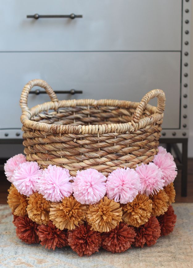 DIY Bedroom Decor Ideas - DIY Pom Pom Basket - Easy Room Decor Projects for The Home - Cheap Farmhouse Crafts, Wall Art Idea, Bed and Bedding, Furniture