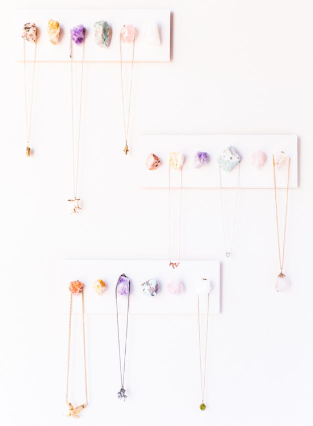 DIY Bedroom Decor Ideas - DIY Raw Crytal Necklace Display - Easy Room Decor Projects for The Home - Cheap Farmhouse Crafts, Wall Art Idea, Bed and Bedding, Furniture