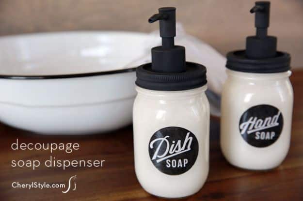 DIY Soap Dispensers - Decoupage Soap Dispenser - Easy Soap Dispenser Ideas to Make for Kitchen, Bathroom - Mason Jar Idea, Cute Crafts to Make and Sell, Kids Bath Decor