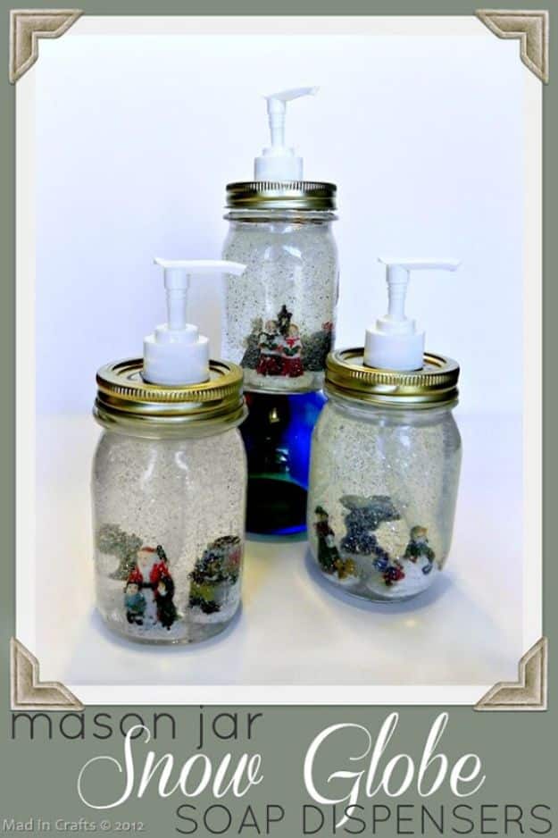 DIY Soap Dispensers - Dollar Store Mason Jar Snow Globe Soap Dispensers - Easy Soap Dispenser Ideas to Make for Kitchen, Bathroom - Mason Jar Idea, Cute Crafts to Make and Sell, Kids Bath Decor