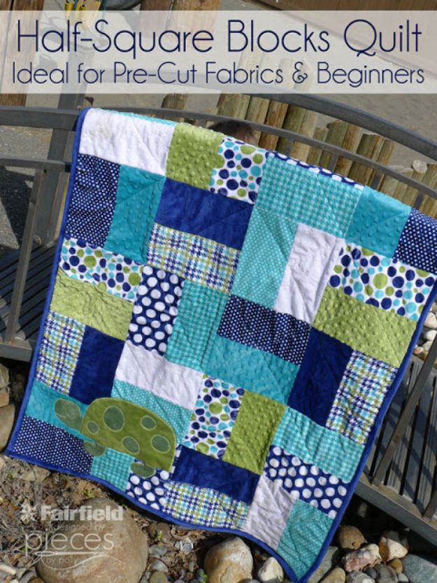 Easy Quilt Ideas for Beginners - Easy Half-Square Blocks Quilt - Free Quilt Patterns and Simple Projects With Fat Quarters - How to Make Baby Blankets, Table Runners, Jelly Rolls