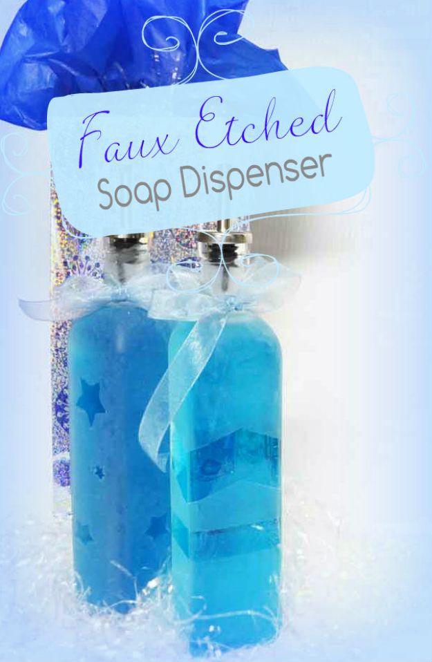 DIY Soap Dispensers - Faux Etched Glass Soap Dispenser - Easy Soap Dispenser Ideas to Make for Kitchen, Bathroom - Mason Jar Idea, Cute Crafts to Make and Sell, Kids Bath Decor