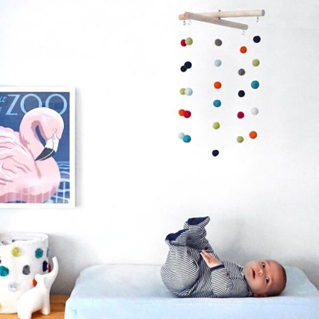 DIY Nursery Decor Ideas for Boys - Felt Ball Nursery Mobile - Cute Blue Room Decorations for Baby Boy- Crib Bedding, Changing Table, Organization Idea, Furniture and Easy Wall Art