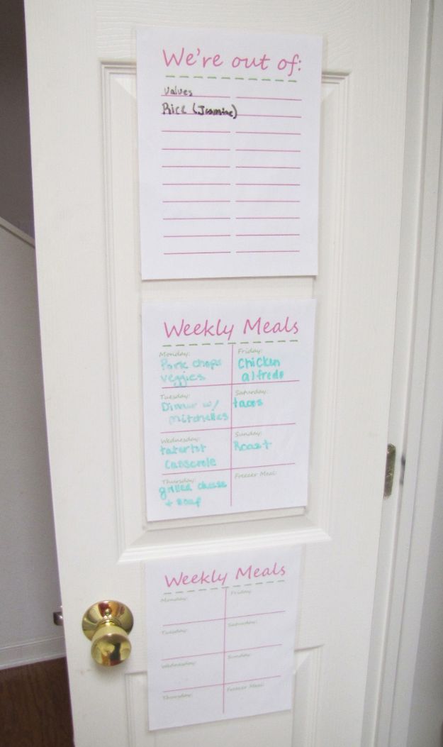 DIY Pantry Organizing Ideas - Grocery List and Weekly Menu Attached on the Door - Easy Organization for the Kitchen Pantry - Cheap Shelving and Storage Jars, Labels, Containers, Baskets to Organize Cans and Food, Spices
