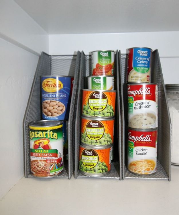 DIY Pantry Organizing Ideas - Magazine Racks To Organize Canned Goods - Easy Organization for the Kitchen Pantry - Cheap Shelving and Storage Jars, Labels, Containers, Baskets to Organize Cans and Food, Spices