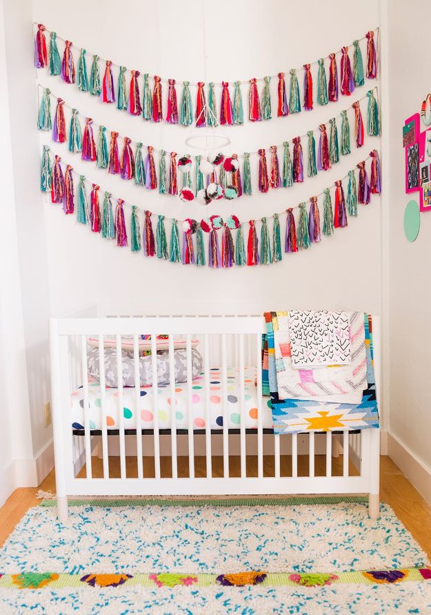 DIY Nursery Decor Ideas for Boys - Mixed Material Tassel Garland - Cute Blue Room Decorations for Baby Boy- Crib Bedding, Changing Table, Organization Idea, Furniture and Easy Wall Art