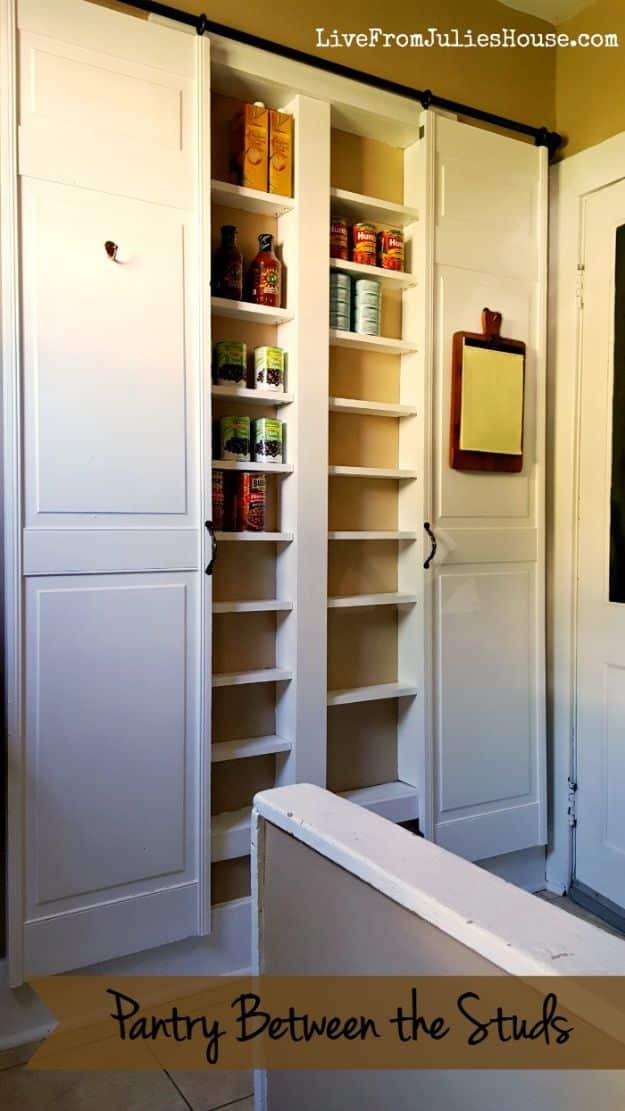 DIY Pantry Organizing Ideas - Pantry Between the Studs - Easy Organization for the Kitchen Pantry - Cheap Shelving and Storage Jars, Labels, Containers, Baskets to Organize Cans and Food, Spices