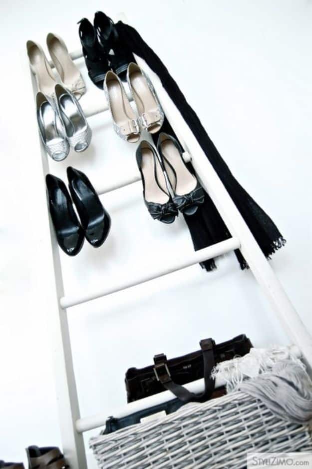 DIY Shoe Racks - Reuse An Old Ladder As Shoe Rack - Easy DYI Shoe Rack Tutorial - Cheap Closet Organization Ideas for Shoes - Wood Racks, Cubbies and Shelves to Make for Shoes