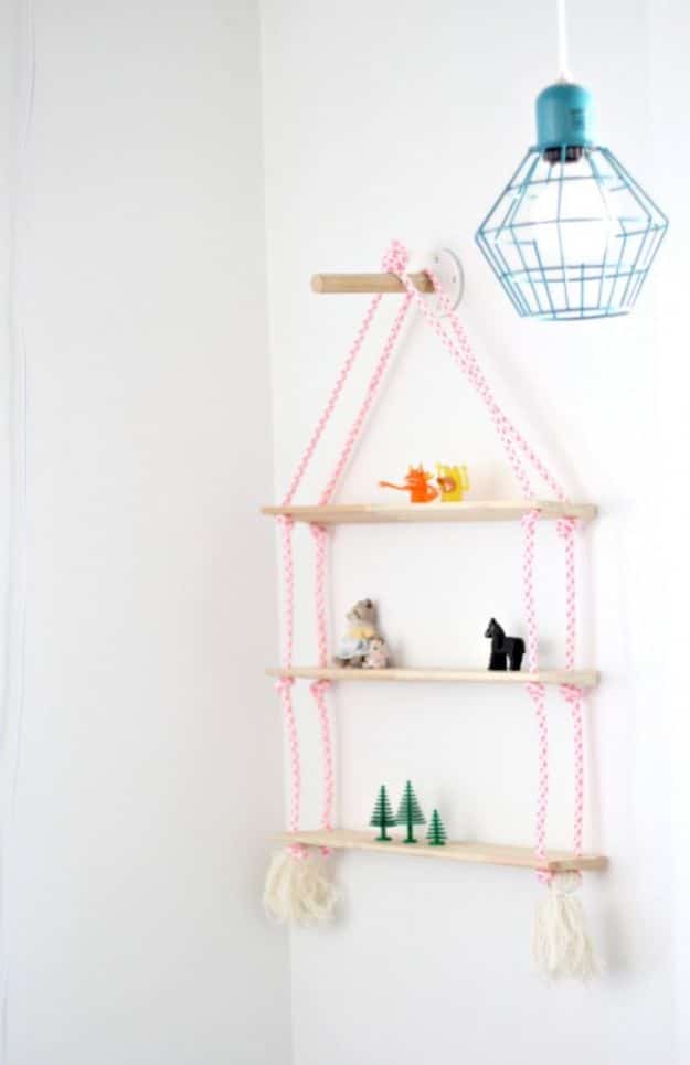 DIY Nursery Decor Ideas for Girls - Rope Shelf DIY - Cute Pink Room Decorations for Baby Girl - Crib Bedding, Changing Table, Organization Idea, Furniture and Easy Wall Art